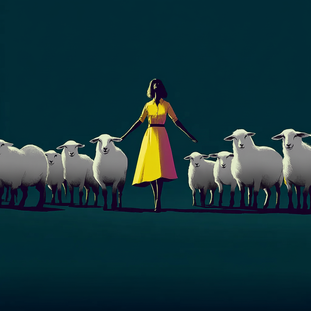 Illustration of a woman in a yellow dress standing among black and pink sheep, from a featured Mind Your Dreams video