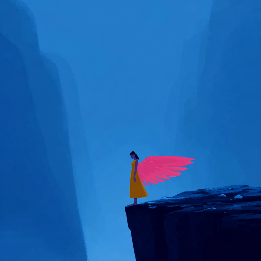 Stylized illustration related to lucid dreaming, depicting a solitary figure standing on a cliff overlooking a calm horizon.