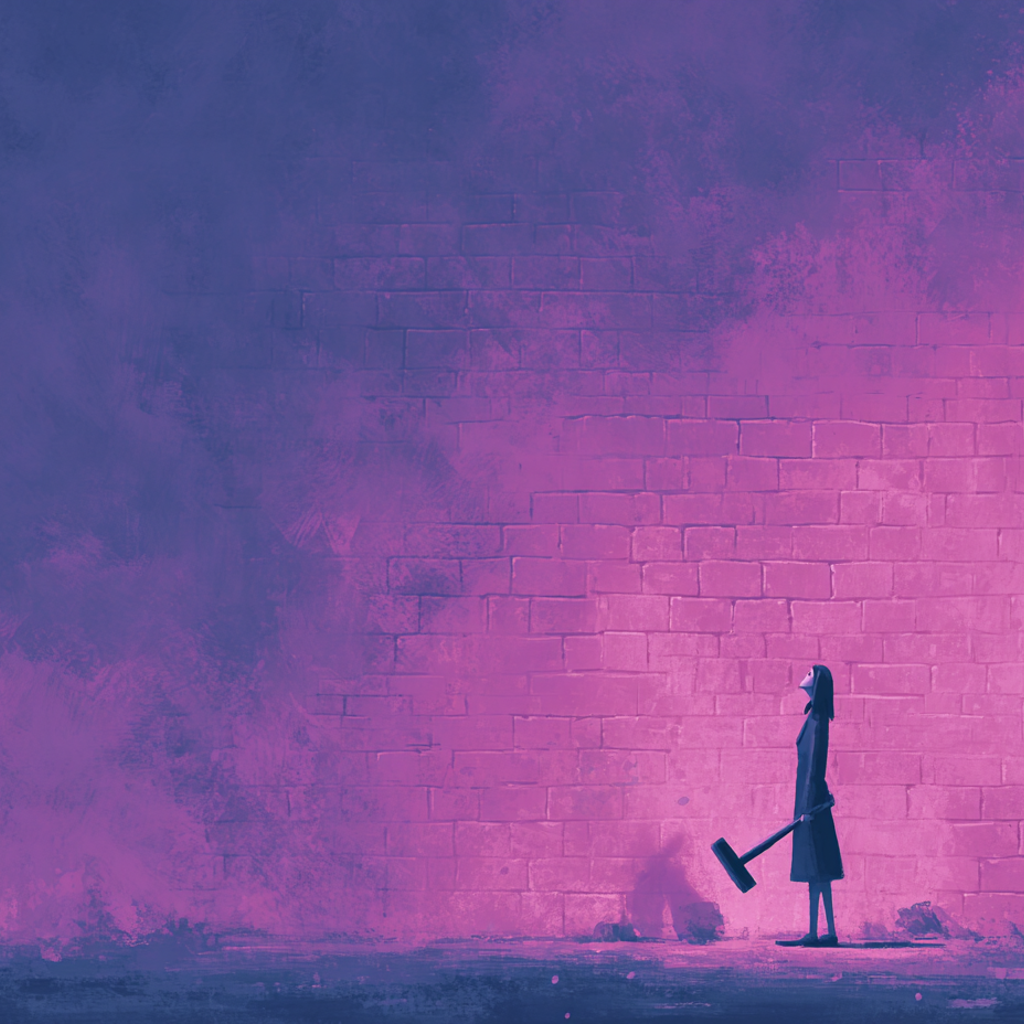 A woman in a yellow dress stands with a hammer by a brick wall, symbolizing how dreams can help you get out of stuckness and break through barriers.